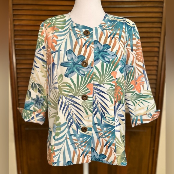 Vicki Wayne Floral Tropical Print Button Front 3/4 Sleeve Jacket Blazer Size 12 - Picture 1 of 8